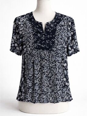 J. Jill Medium Navy Floral Blouse Short Sleeve Flowy Boho Top